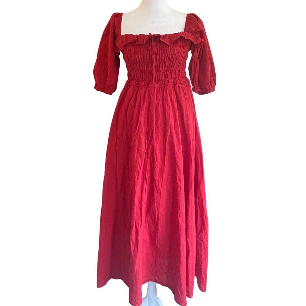 Milkmaid Smocked Puff Sleeve Red Maxi Dress Small Cottage Boho Romantic Prairie - Picture 2 of 8